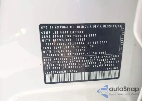 2019 Volkswagen Tiguan z USA, uszkodzony, nr VIN 3VV2B7AX9KM110375
